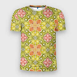 Мужская спорт-футболка Зеленые узоры и оранжевые цветы