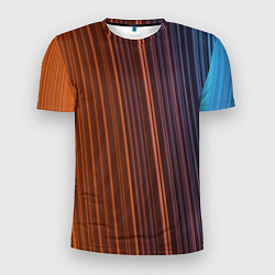 Мужская спорт-футболка Абстрактные оранжевые и голубые линии во тьме