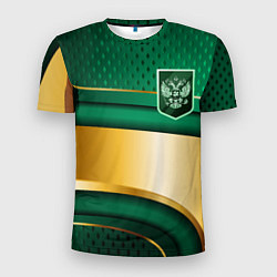 Мужская спорт-футболка Герб России на зеленой абстракции