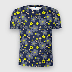 Мужская спорт-футболка Лимонного цвета цветы на серо-синем фоне