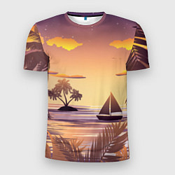 Мужская спорт-футболка Лодка в море на закате возле тропических островов