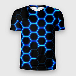 Мужская спорт-футболка Соты на синем неоновом фоне
