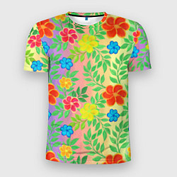 Мужская спорт-футболка Яркий цветочный узор на радужном фоне