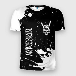 Мужская спорт-футболка Maneskin и рок символ на темном фоне