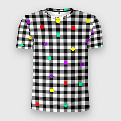 Мужская спорт-футболка Черно-белая клетка с цветными квадратами