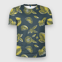 Мужская спорт-футболка Лимоны в карандаше на сером фоне