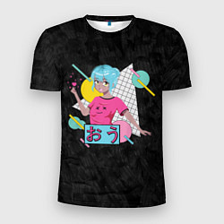 Футболка спортивная мужская Веселая и приветливая аниме девушка с голубыми вол, цвет: 3D-принт