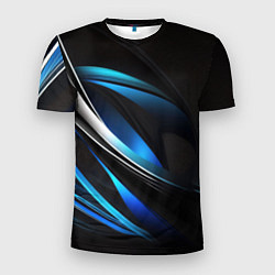 Мужская спорт-футболка Абстрактные синие и белые линии на черном фоне