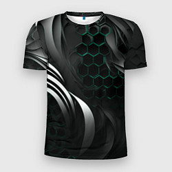 Мужская спорт-футболка Объемные бирюзовые плиты и черные линии