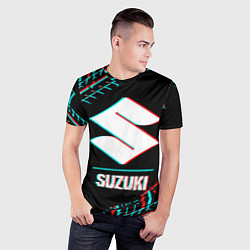 Футболка спортивная мужская Значок Suzuki в стиле glitch на темном фоне, цвет: 3D-принт — фото 2