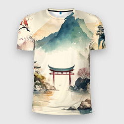 Мужская спорт-футболка Японский пейзаж - акварель