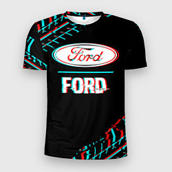 Футболка спортивная мужская Значок Ford в стиле glitch на темном фоне, цвет: 3D-принт