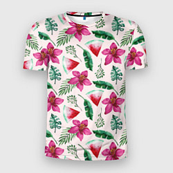 Мужская спорт-футболка Арбузы, цветы и тропические листья