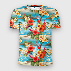 Мужская спорт-футболка Светлый гавайский фон и цветы