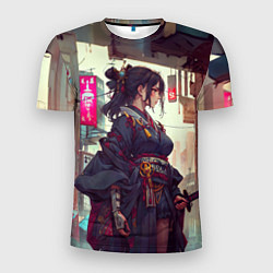 Мужская спорт-футболка Кибер самурай девушка