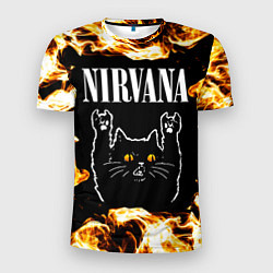 Футболка спортивная мужская Nirvana рок кот и огонь, цвет: 3D-принт