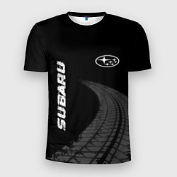 Мужская спорт-футболка Subaru speed на темном фоне со следами шин: надпис
