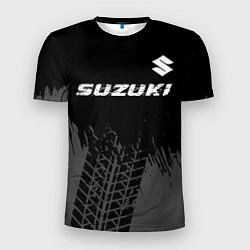Футболка спортивная мужская Suzuki speed на темном фоне со следами шин: символ, цвет: 3D-принт