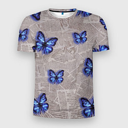 Мужская спорт-футболка Газетные обрывки и синие бабочки