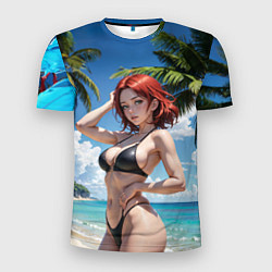 Мужская спорт-футболка Девушка с рыжими волосами на пляже