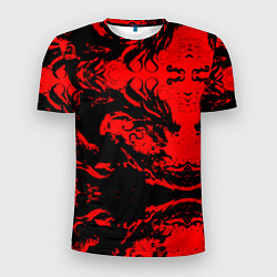 Мужская спорт-футболка Черный дракон на красном небе