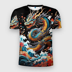 Мужская спорт-футболка Дракон на волнах в японском стиле арт