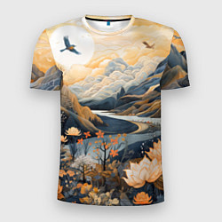 Мужская спорт-футболка Солнечное утро в цветущих горах
