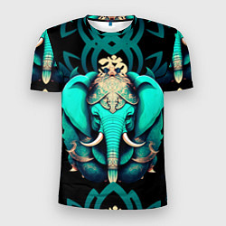 Мужская спорт-футболка Бирюзовый слон с узорами и лотосом