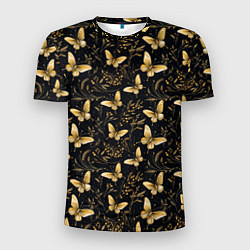 Мужская спорт-футболка Золотые бабочки на черном фоне