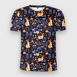 Мужская спорт-футболка Оранжевые зайчики в траве на синем фоне