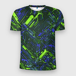 Футболка спортивная мужская Киберпанк линии зелёные и синие, цвет: 3D-принт