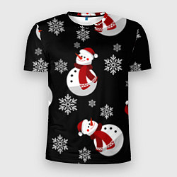 Мужская спорт-футболка Снеговички в зимних шапочках со снежинками