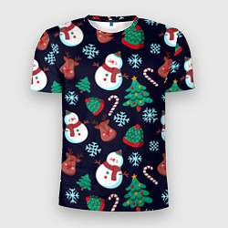 Мужская спорт-футболка Снеговички с рождественскими оленями и елками