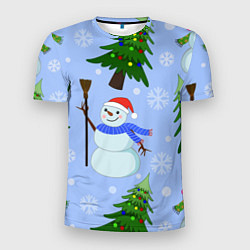 Мужская спорт-футболка Снеговики с новогодними елками паттерн