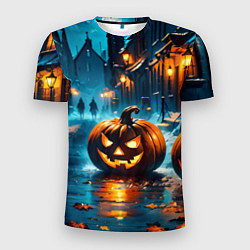 Мужская спорт-футболка Темная ночная улица и жуткие тыквы