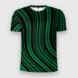 Мужская спорт-футболка Абстракция зелёные линии на чёрном