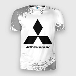 Мужская спорт-футболка Mitsubishi speed на светлом фоне со следами шин