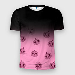 Футболка спортивная мужская Черно-розовый градиент и хэллоуинские тыквы паттер, цвет: 3D-принт