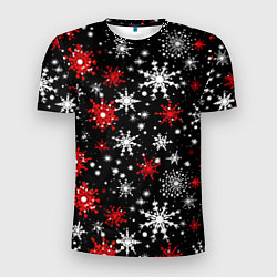 Мужская спорт-футболка Белые и красные снежинки на черном фоне - нейросет