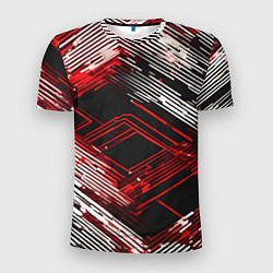 Футболка спортивная мужская Киберпанк линии белые и красные, цвет: 3D-принт