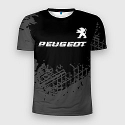 Футболка спортивная мужская Peugeot speed на темном фоне со следами шин посере, цвет: 3D-принт