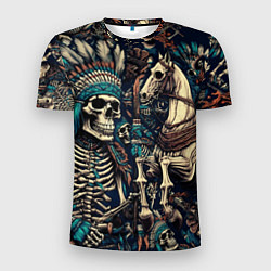 Мужская спорт-футболка Татуировка скелета индейца и ковбоя в техасе