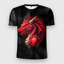 Мужская спорт-футболка Красный дракон на полигональном черном фоне
