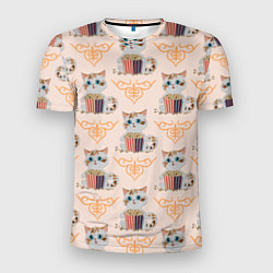 Мужская спорт-футболка Котенок с попкорном и сердечко завитушка