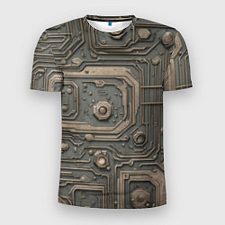 Мужская спорт-футболка Металлическая ржавая обшивка с микросхемами и гайк