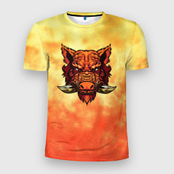 Мужская спорт-футболка Огненный дикий кабан на фоне пламени