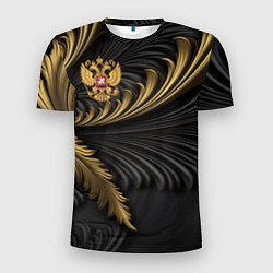 Мужская спорт-футболка Герб России черный и золотой фон