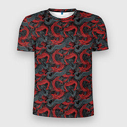 Мужская спорт-футболка Красные драконы на сером фоне