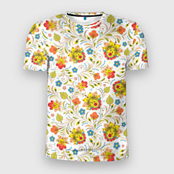Мужская спорт-футболка Хохломская роспись разноцветные цветы на белом фон