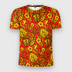 Мужская спорт-футболка Хохломская роспись золотистые цветы на красном фон